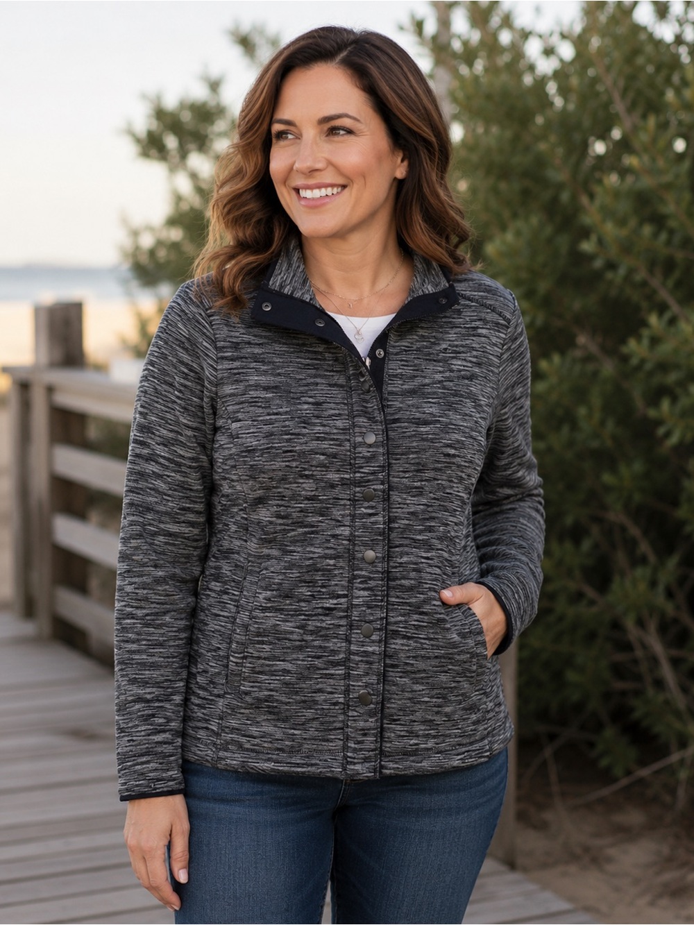 Mountain Hardware Fleece Hooded Jacket Womens Size Small Snap Front Heather Grey